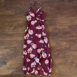 Red floral tank maxi dress with a crossover and slit
